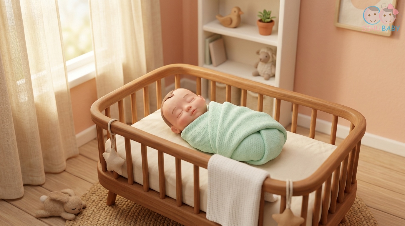 danh sách đồ sơ sinh cần mua tối giản - Bé sơ sinh ngủ ngoan trong nhộng chũn sợi tre