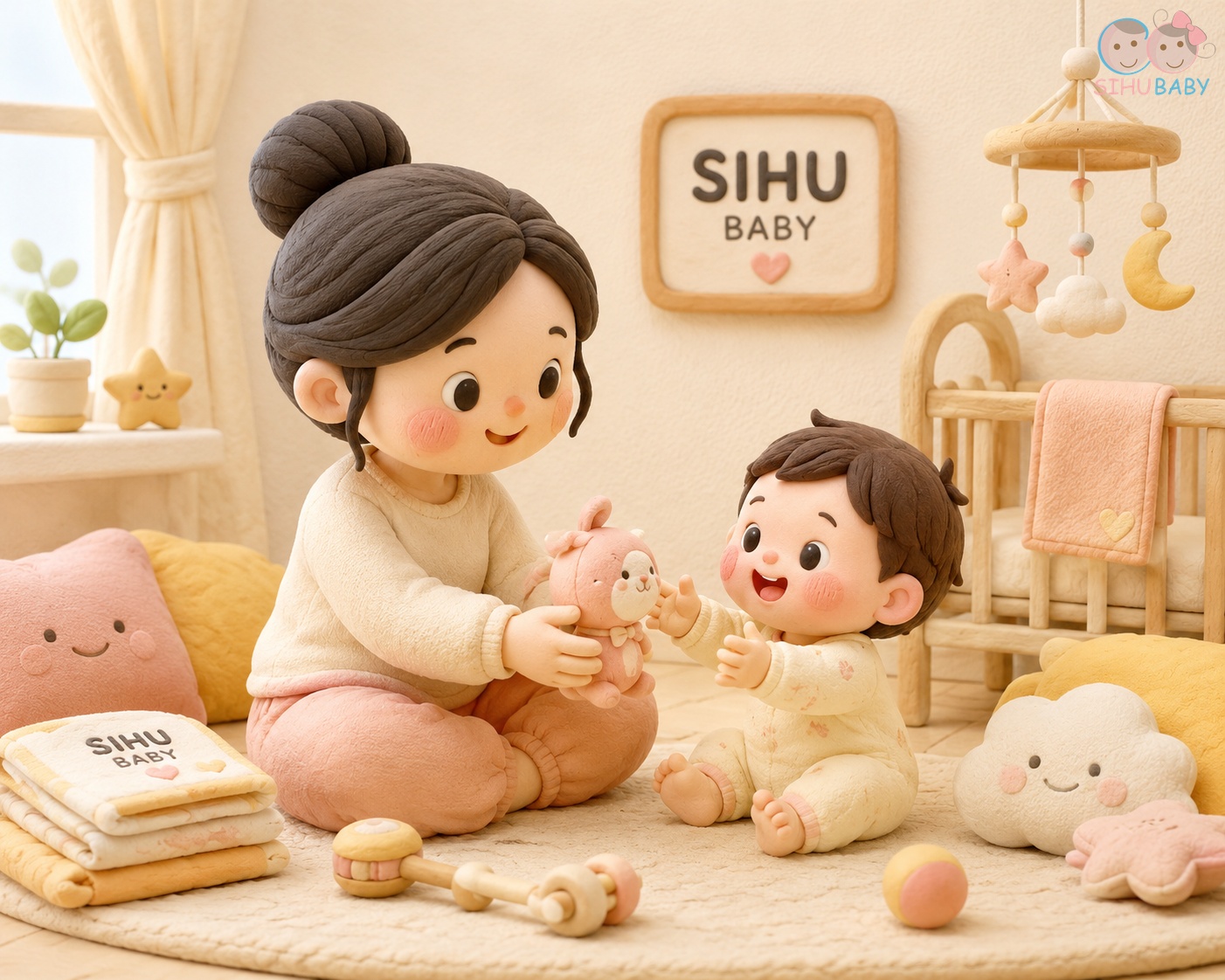vì sao bé thích ném đồ chơi - mẹ và bé tương tác vui vẻ với trang phục sợi tre SiHu