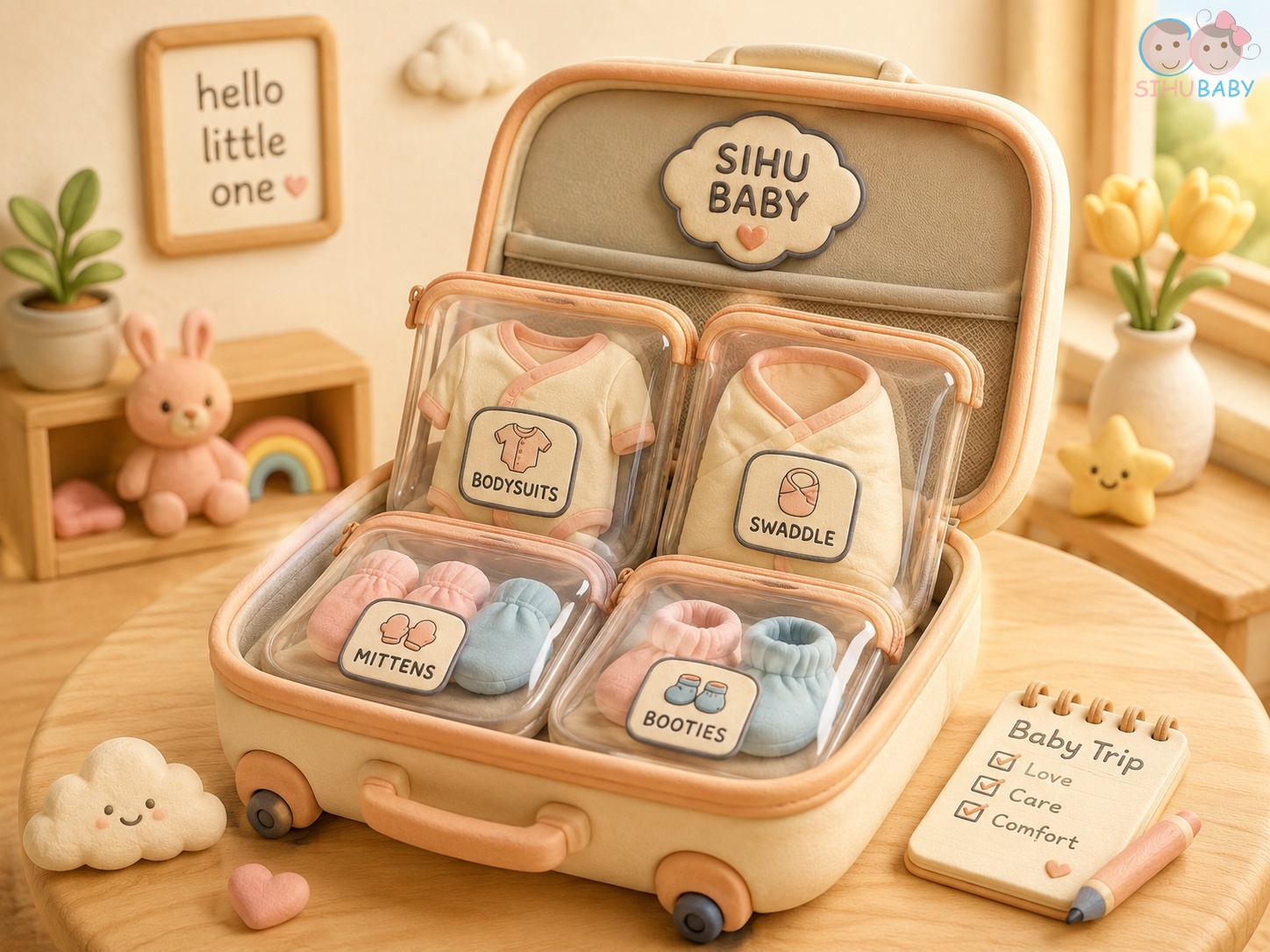 cách sắp xếp giỏ đồ đi sinh gọn gàng - chia 4 túi zip thông minh