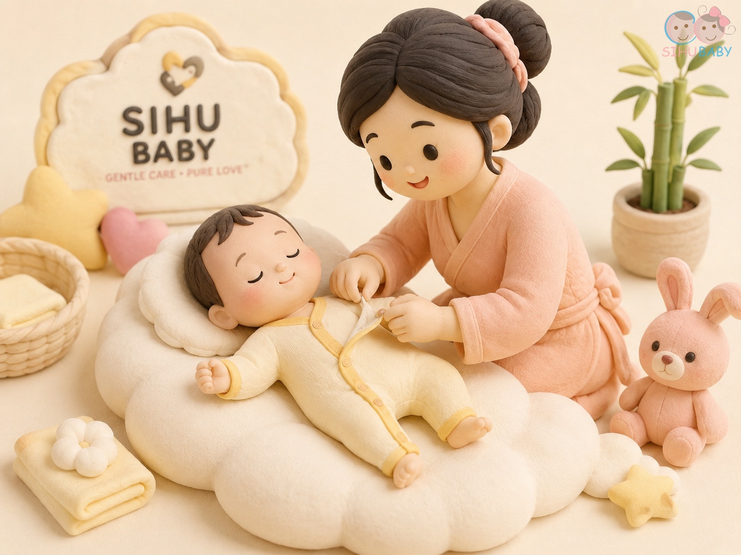 cách sắp xếp giỏ đồ đi sinh gọn gàng - áo sơ sinh cài lệch sợi tre SiHu Baby