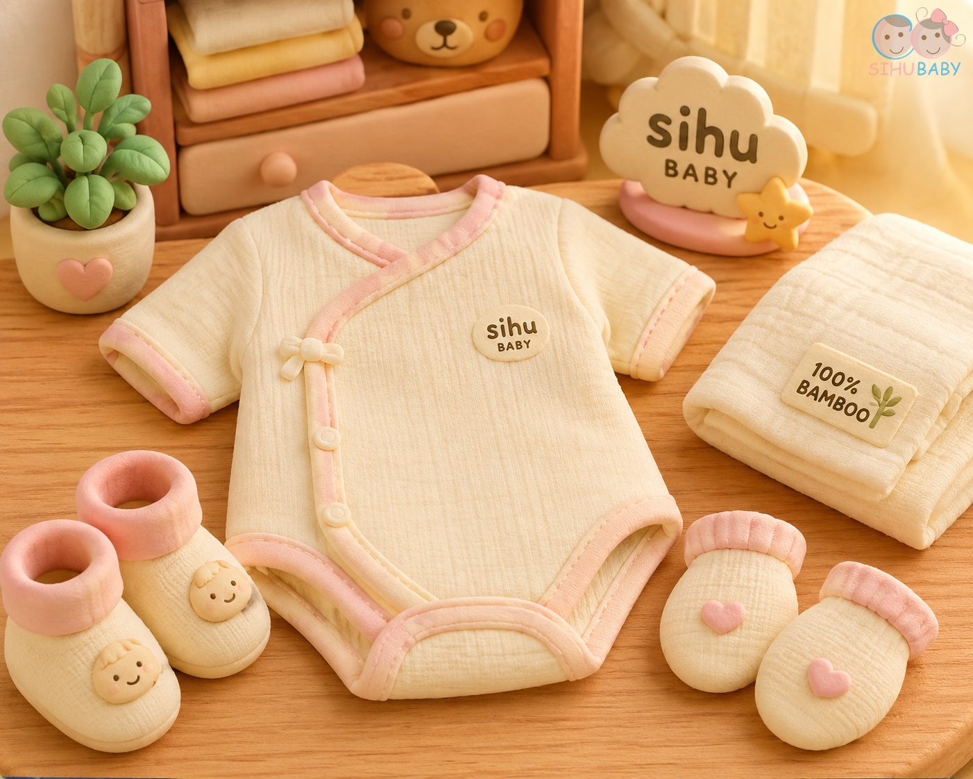 chồng chăm vợ bầu - bộ sơ sinh cài lệch vải sợi tre Bamboo SiHu Baby dịu nhẹ