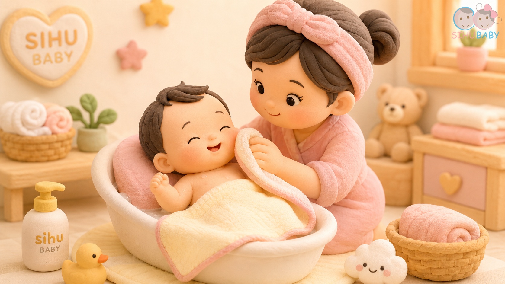 Mẹ chăm sóc và lau nhẹ nhàng vùng ngực cho bé sơ sinh bằng khăn xô mềm