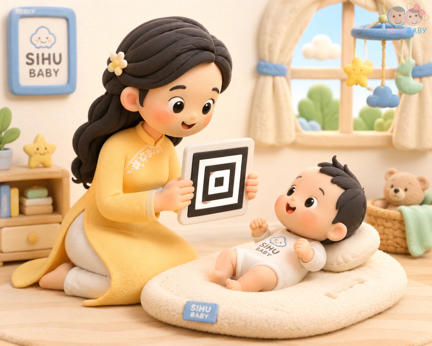 kích thích thị giác bằng thẻ đen trắng - mẹ tương tác cùng bé sơ sinh ở khoảng cách 20-30cm