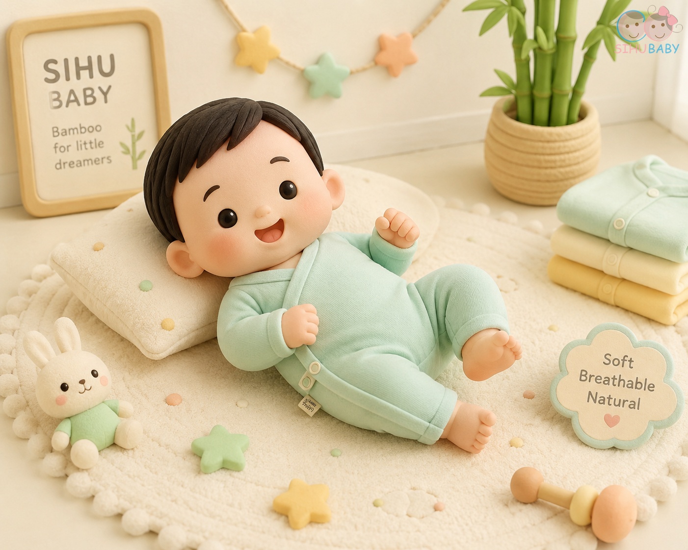 kích thích thị giác bằng thẻ đen trắng - bé sơ sinh mặc bộ sợi tre sihu baby nằm chơi thoải mái