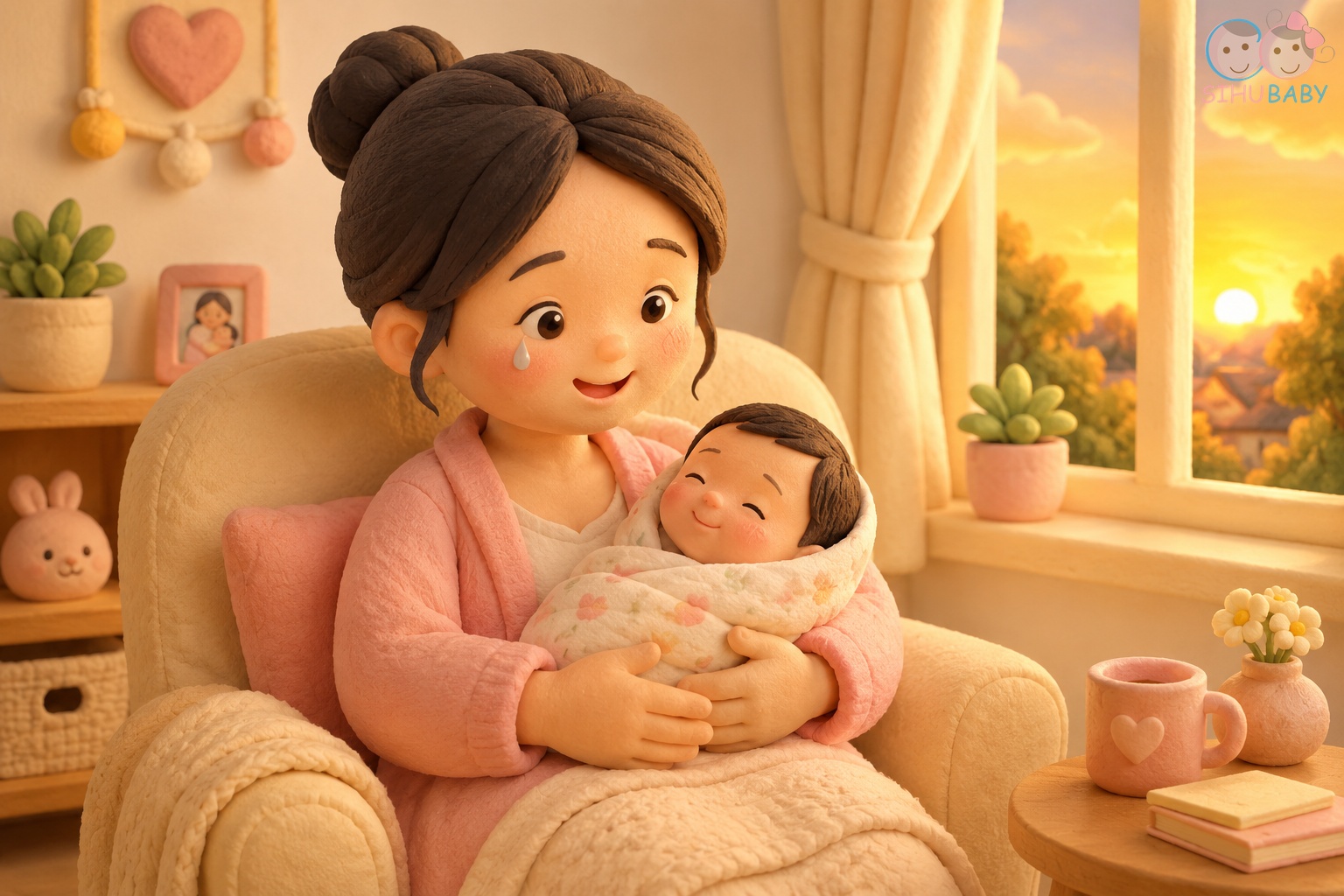 Mẹ lần đầu làm mẹ ôm ấp vỗ về con nhỏ trong ánh hoàng hôn ấm áp