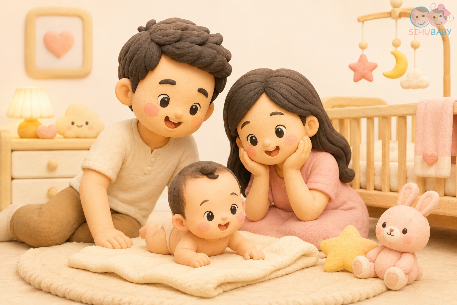Bố mẹ cùng nhau chăm sóc và ngắm nhìn em bé sơ sinh an yên