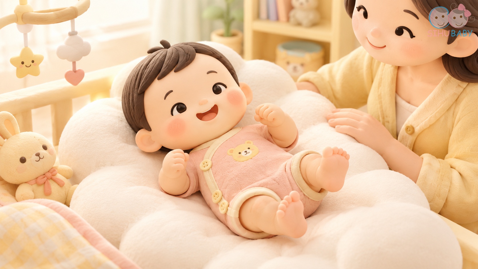 Bé sơ sinh mặc bộ quần áo sợi tre cài lệch mềm mại nằm chơi ngoan