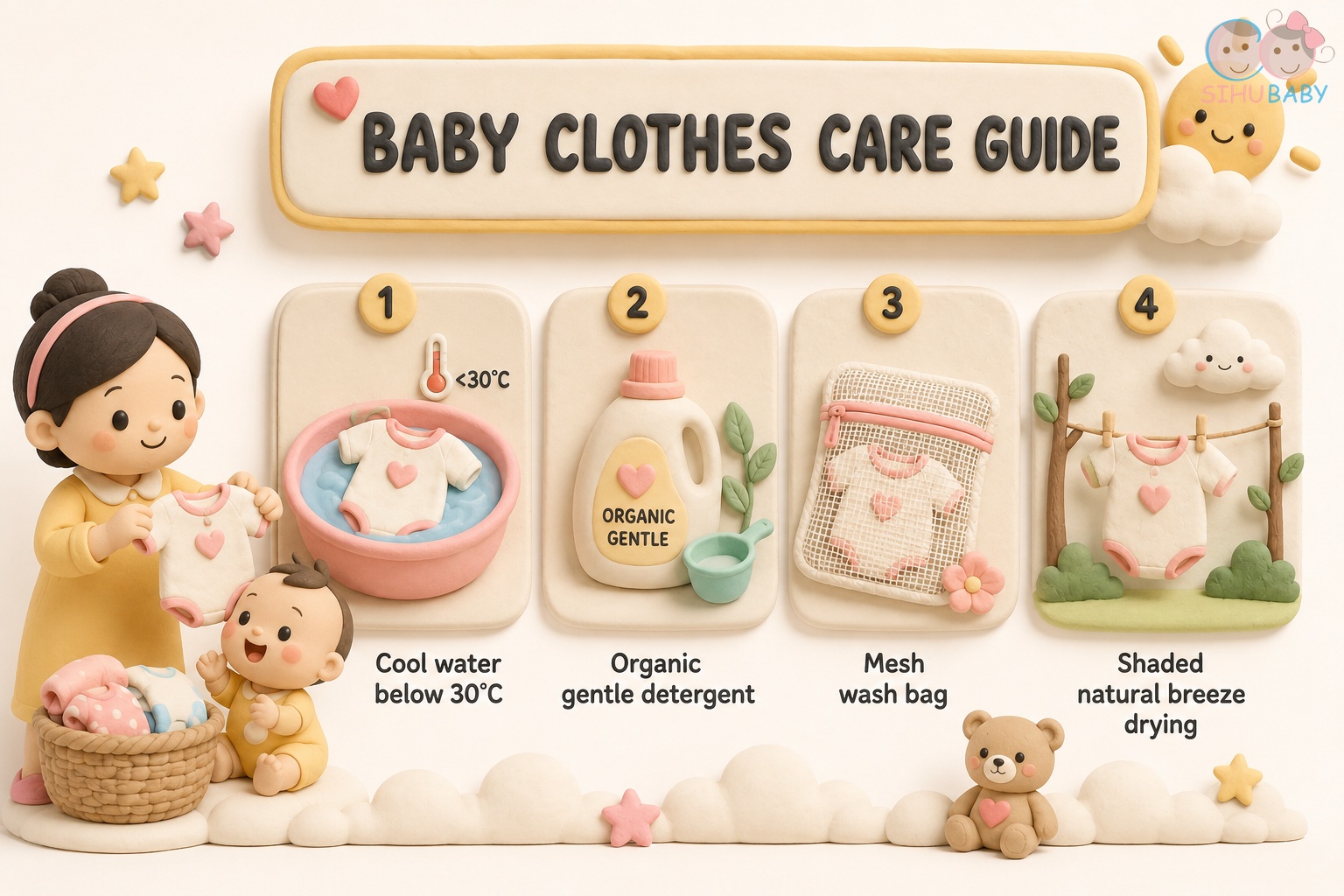 mẹo giặt và bảo quản đồ sợi tre - bảng tóm tắt quy trình chăm sóc đồ bé