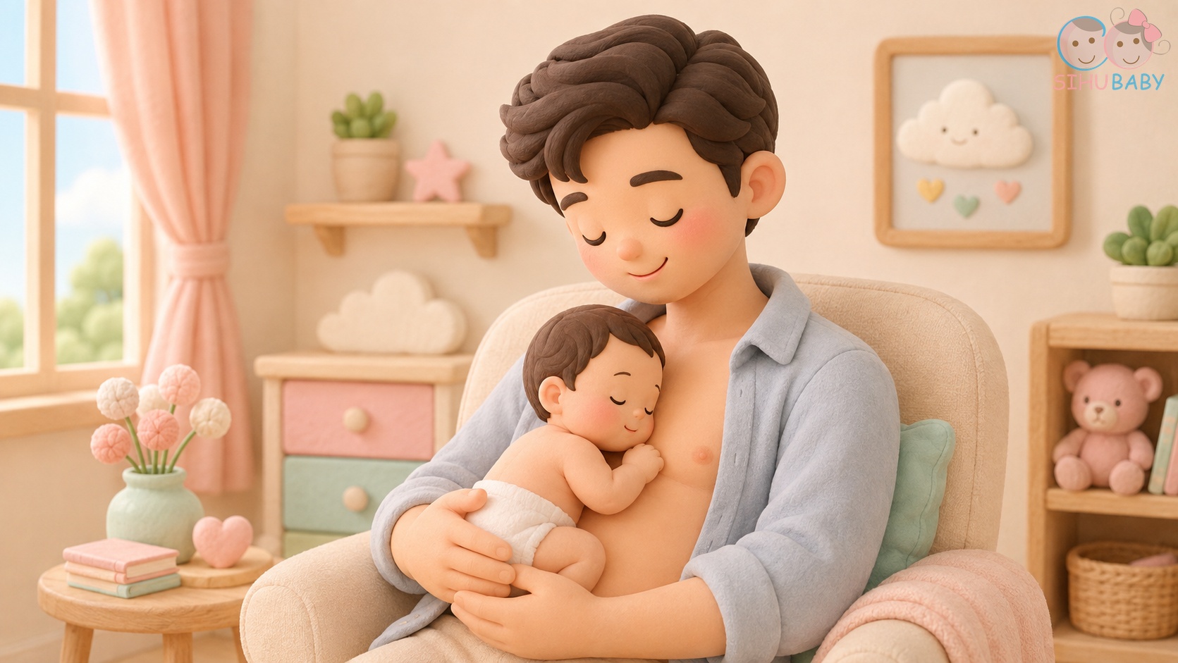 nghệ thuật ôm da tiếp da kangaroo tại nhà - bố ôm da kề da truyền hơi ấm cho con