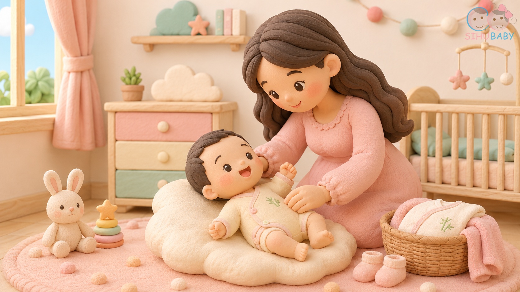 nụ cười trong mơ của trẻ sơ sinh - Mẹ chăm sóc bé mặc bộ body sợi tre Bamboo SiHu Baby