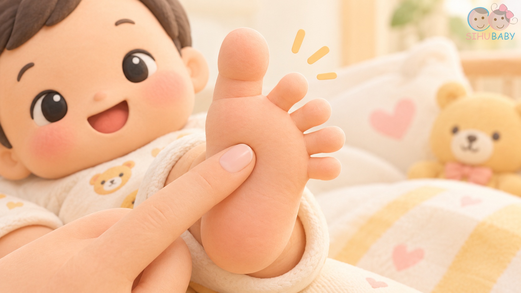 phản xạ babinski ở trẻ sơ sinh - cử động xòe ngón chân hình nan quạt khi vuốt nhẹ lòng bàn chân