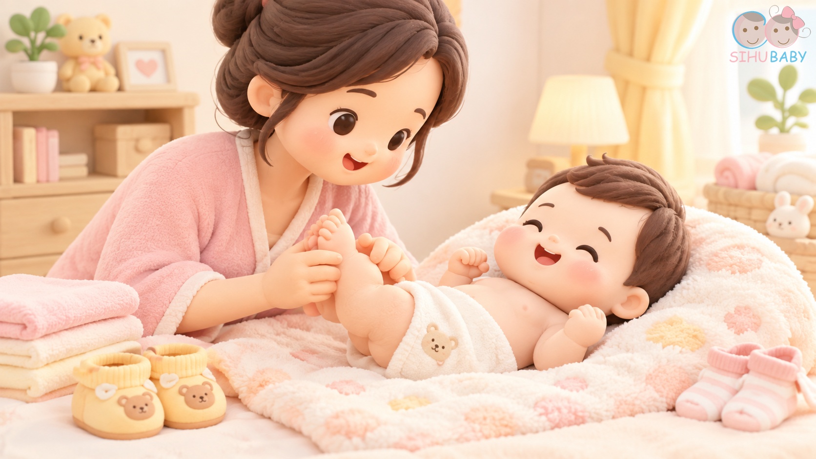 phản xạ babinski ở trẻ sơ sinh - mẹ massage nhẹ nhàng bàn chân và mang tất ấm cho bé
