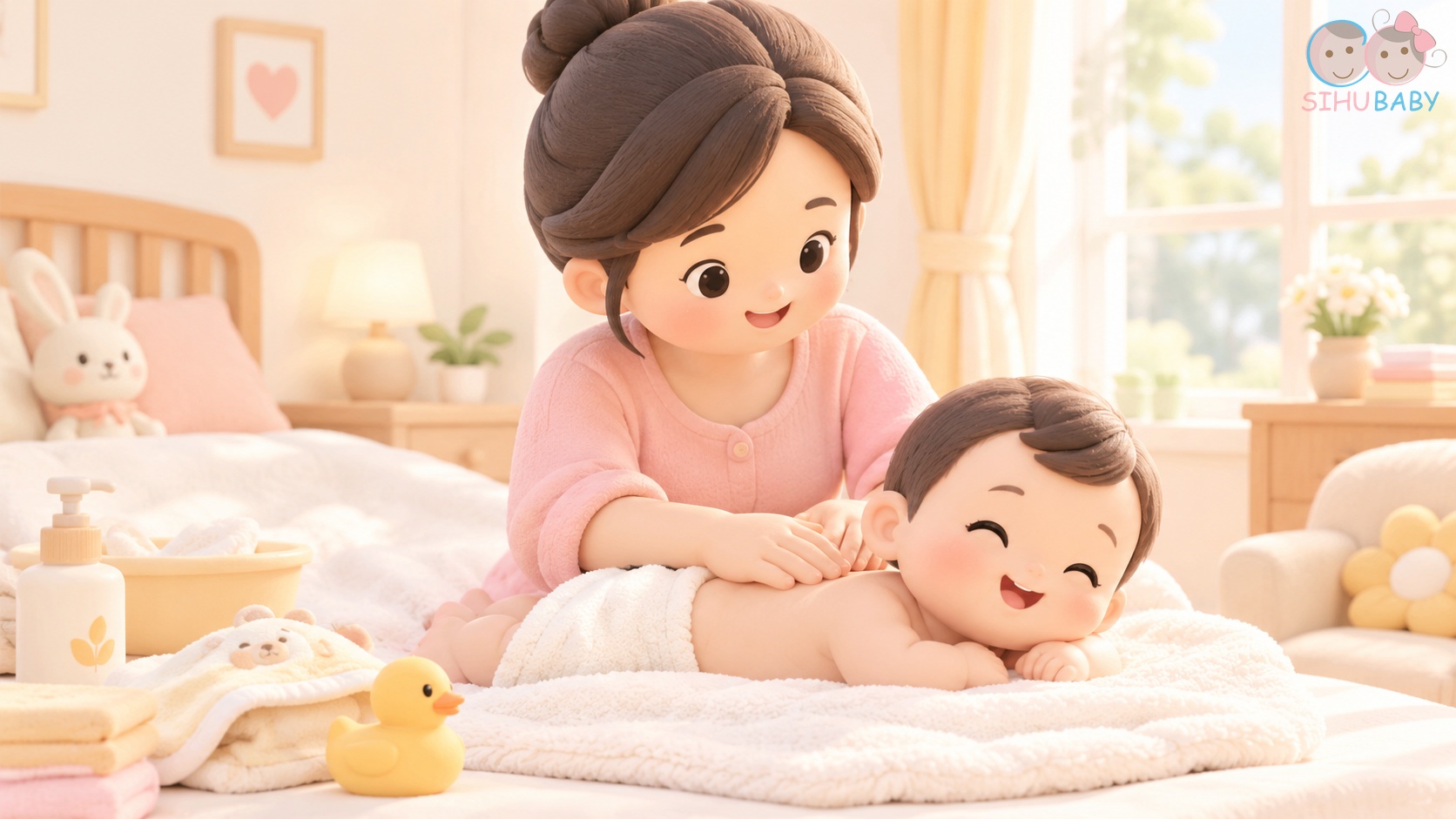 phản xạ galant ở trẻ sơ sinh - mẹ dịu dàng massage lưng cho con sau giờ tắm