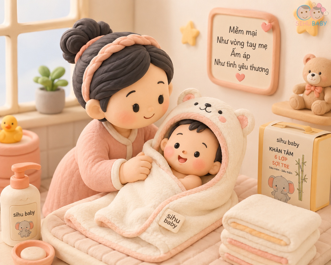 phản xạ lặn ở trẻ sơ sinh - Khăn choàng tắm xô sợi tre SiHu Baby ủ ấm bé