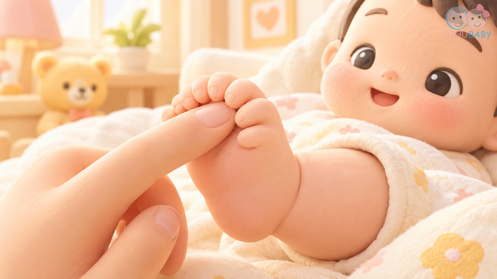 phản xạ nắm bàn chân ở trẻ sơ sinh - bé quắp ngón chân quanh ngón tay mẹ