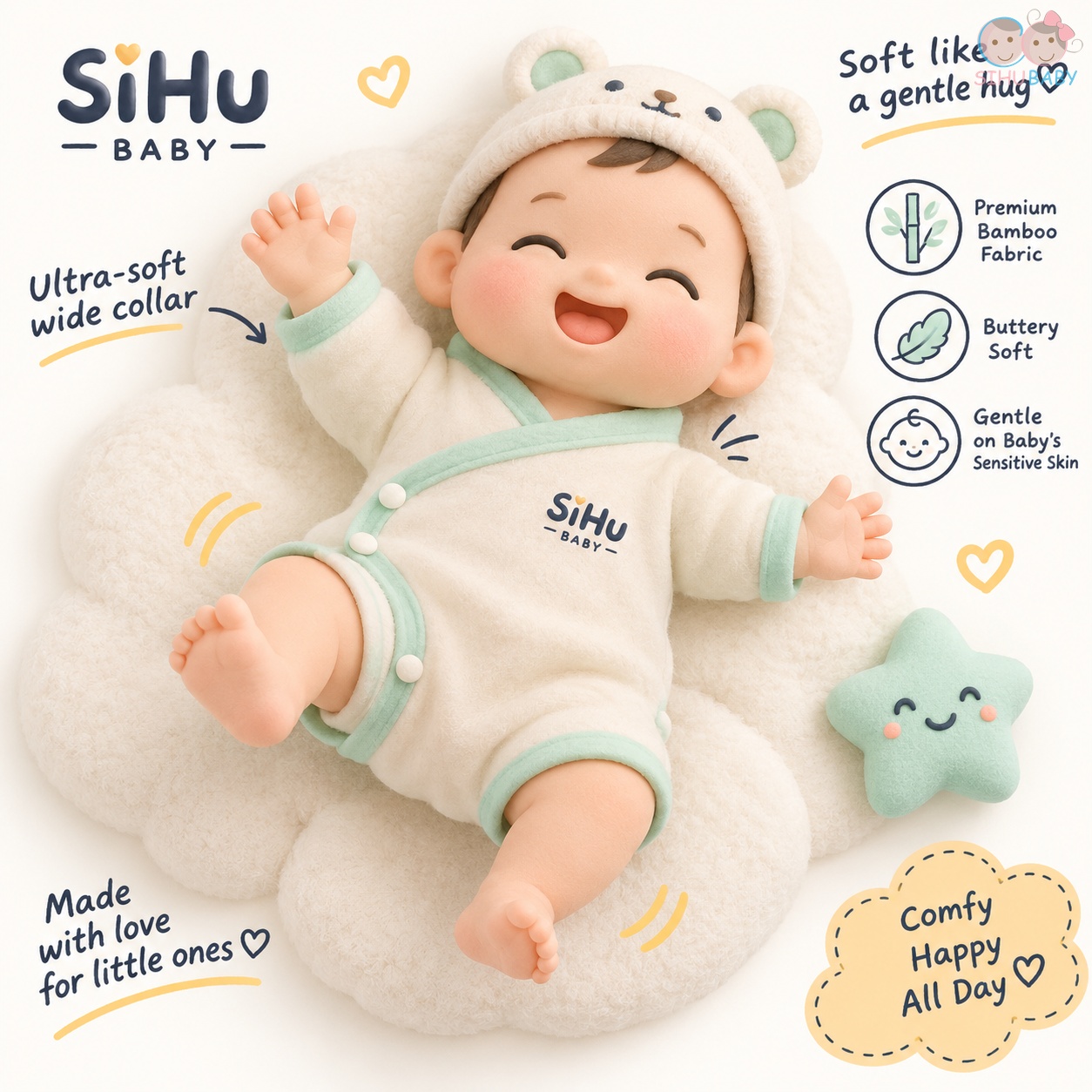 quy tắc 2 ngón tay kiểm tra quần áo bé - bộ sơ sinh cài lệch sợi tre bamboo sihu baby