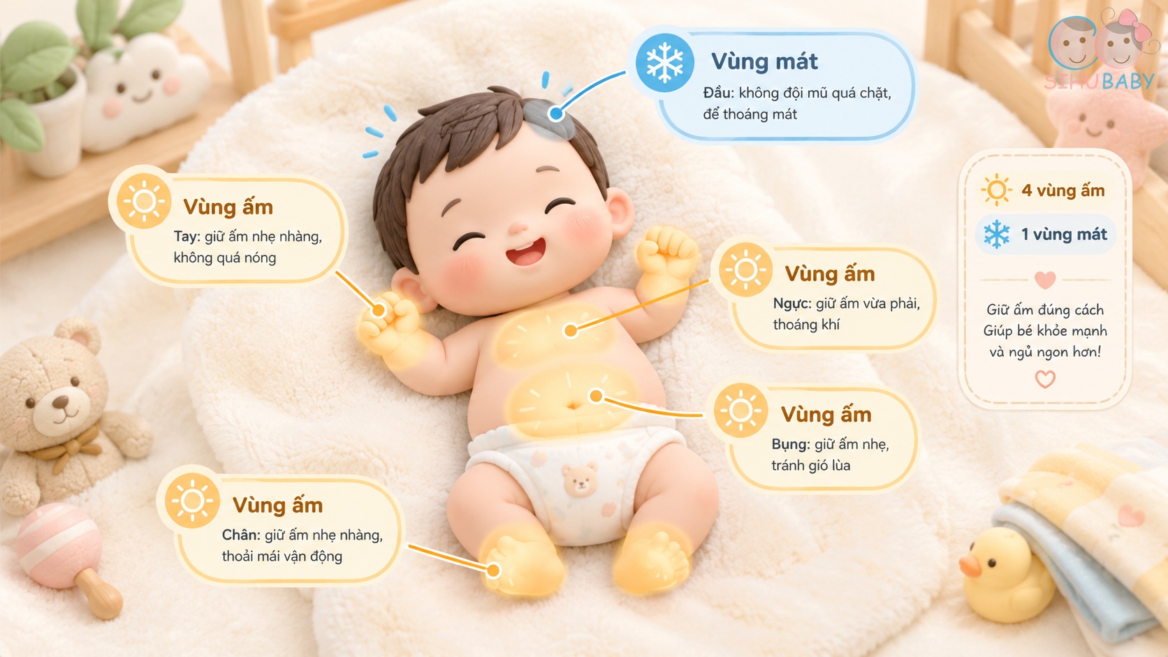 quy tắc 4 ấm 1 lạnh - Minh họa 4 vị trí giữ ấm và 1 vùng để thoáng trên cơ thể bé