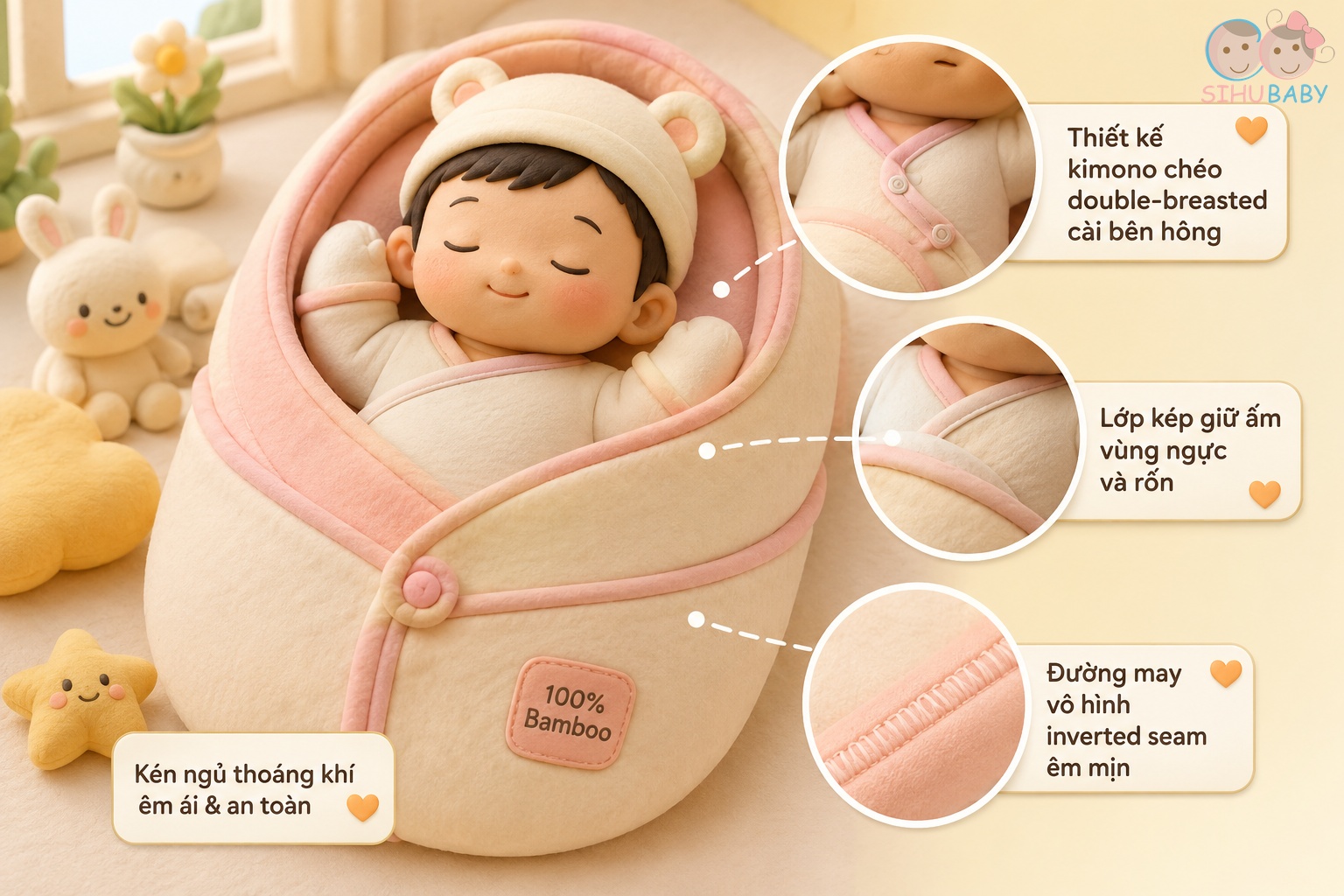 mặc đồ mùa đông cho bé - Bộ sơ sinh cài lệch sợi tre và nhộng chũn giữ ấm ngực rốn