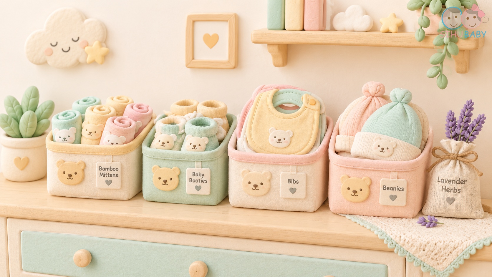bảo quản quần áo trẻ em - Quần áo sơ sinh vải sợi tre Bamboo mềm mại được xếp gọn gàng trong giỏ vải