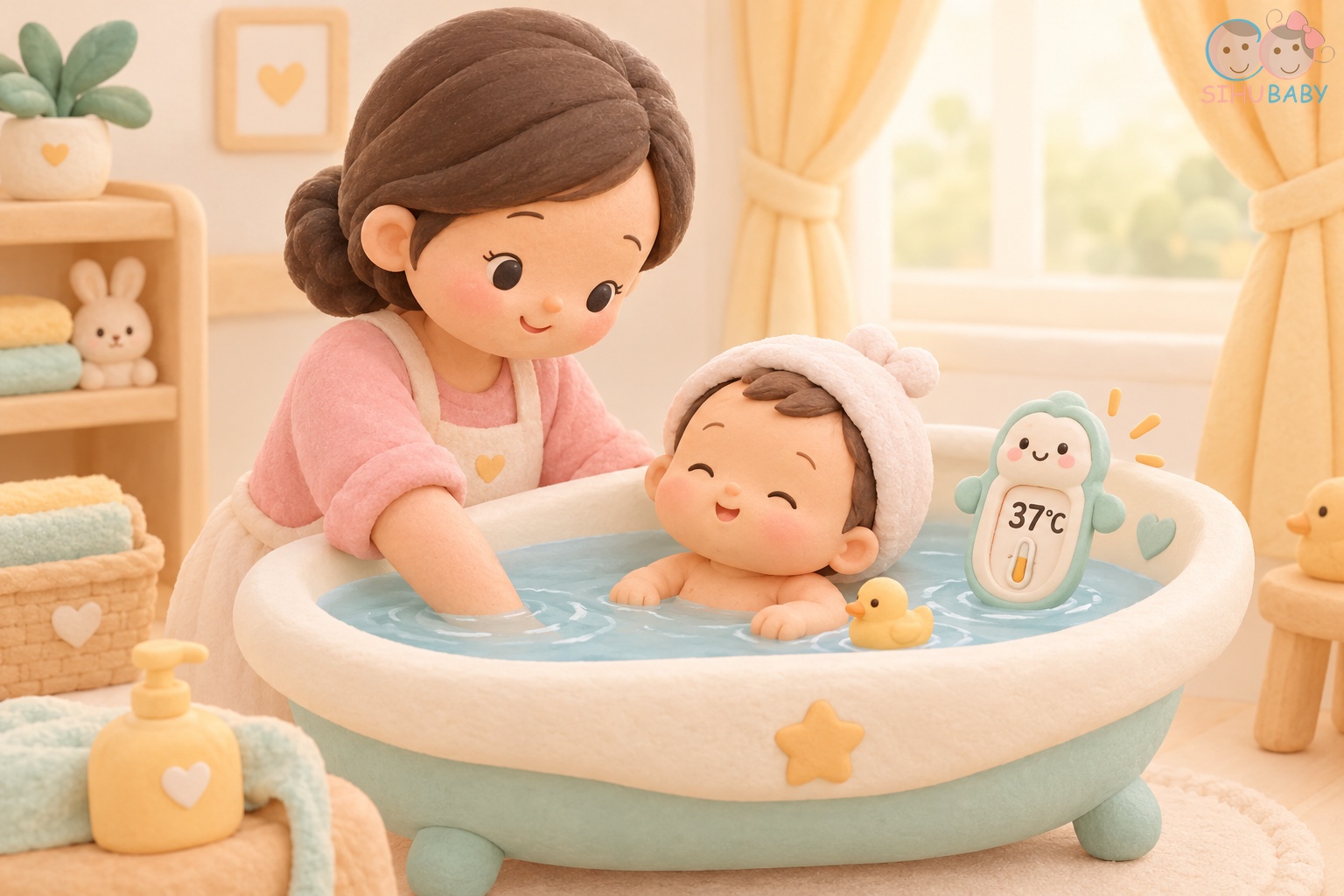 Kiểm tra nhiệt độ nước tắm cho trẻ sơ sinh chuẩn 37-38 độ C bằng cùi chỏ và chuẩn bị phòng tắm kín gió