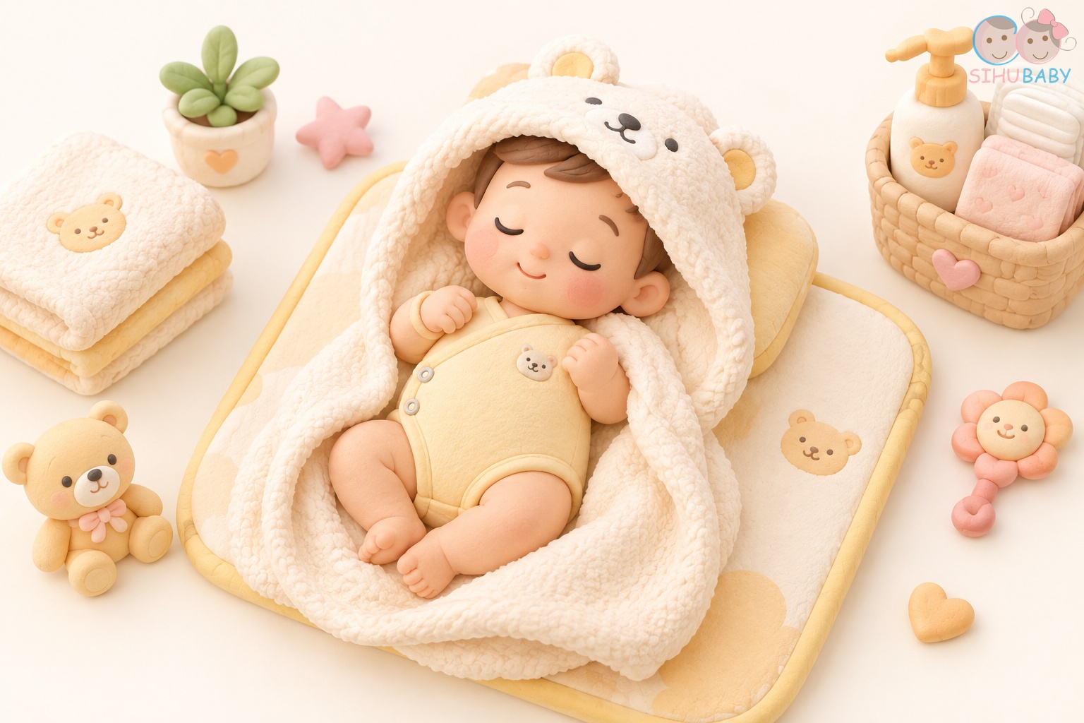 Bé sơ sinh được ủ ấm trong khăn tắm sợi tre mềm xốp và mặc bộ quần áo cài lệch bảo vệ cuống rốn