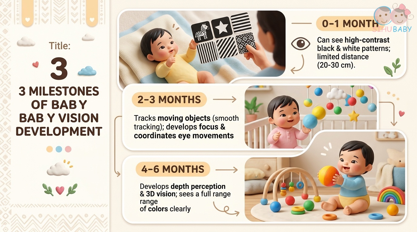 thị giác trẻ sơ sinh 0-6 tháng - infographic bảng cột mốc phát triển thị giác