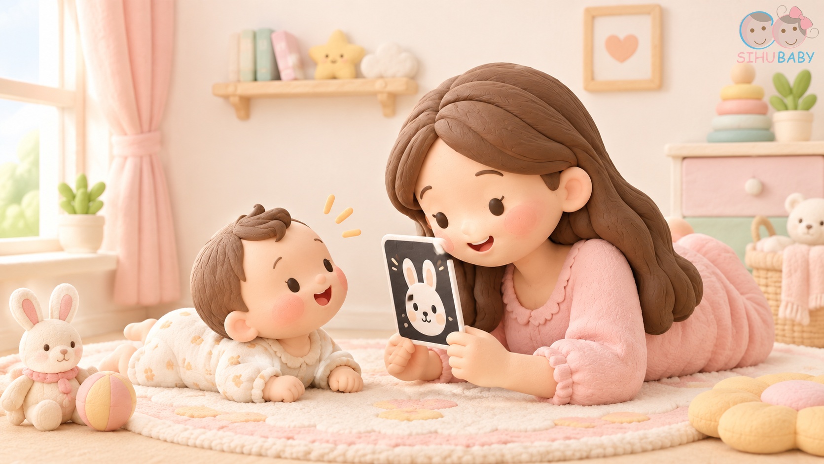 cột mốc bé 3 tháng - mẹ tập tummy time cùng con trên thảm mềm