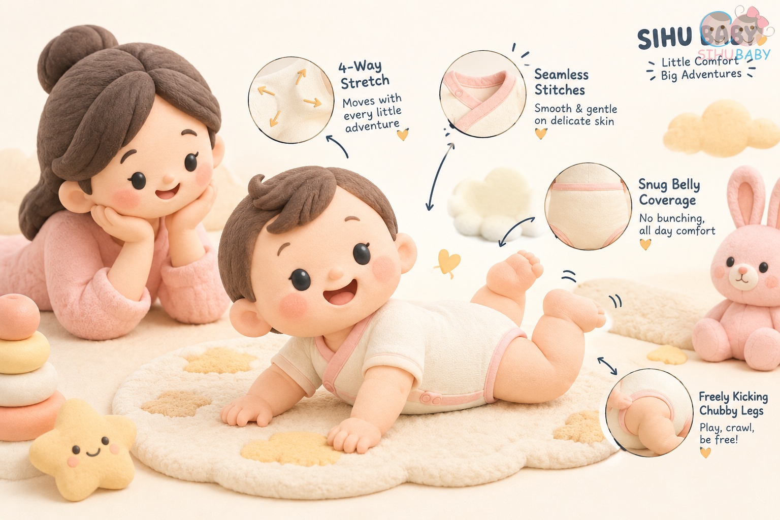 trẻ 6 tháng mặc đồ gì - bodysuit và bộ quần áo rời vải sợi tre thoải mái vận động