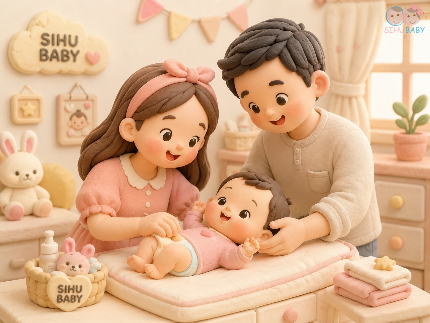 vết bớt bẩm sinh ở trẻ - Ba mẹ âu yếm chăm sóc và ngắm nhìn thiên thần nhỏ khi thay tã