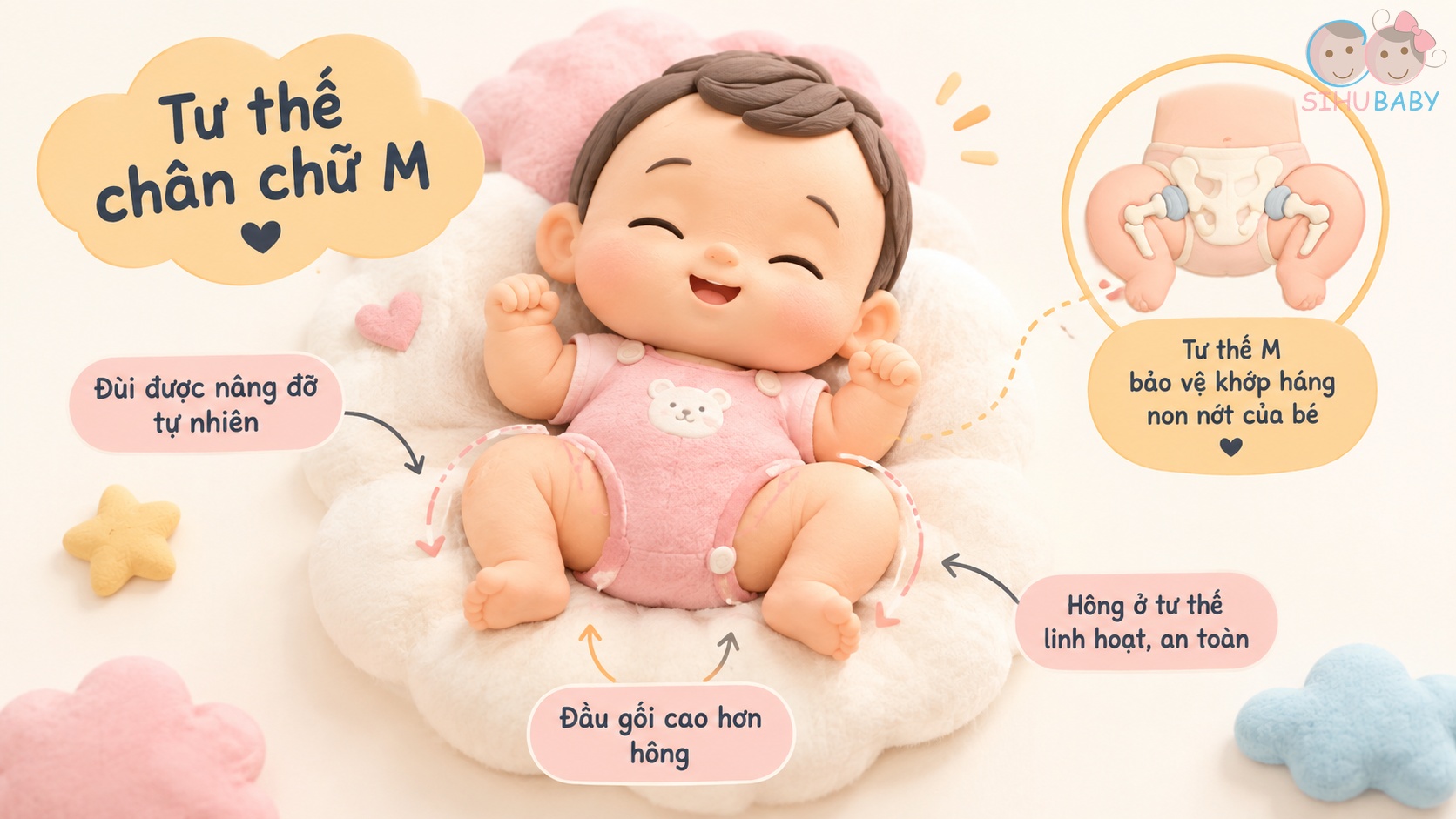 trẻ sơ sinh ngủ chân chữ m - Minh họa bảo vệ ổ cối khớp háng non nớt của bé sơ sinh